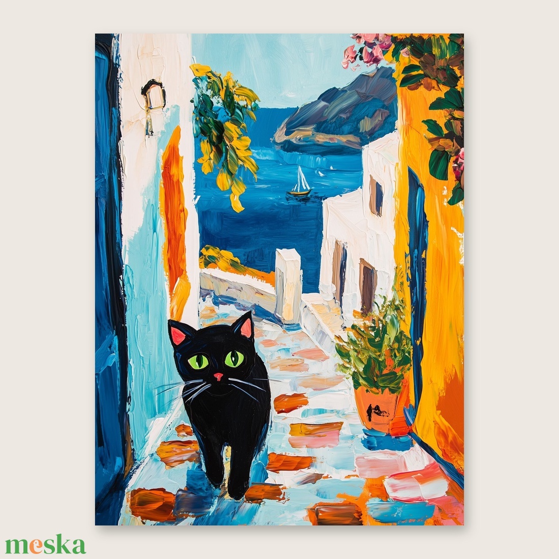 Fekete cica Santorinin poszter � nyaralós, mediterrán falikép, 42�30 cm - otthon & életmód - dekoráció - kép & falikép - poszter - Meska.hu
