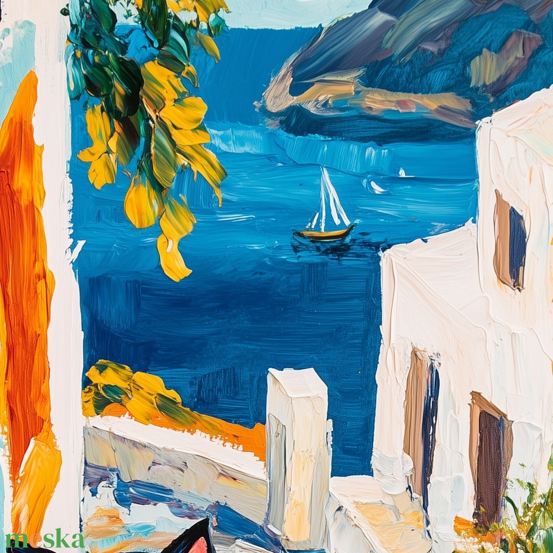 Fekete cica Santorinin poszter � nyaralós, mediterrán falikép, 42�30 cm - otthon & életmód - dekoráció - kép & falikép - poszter - Meska.hu