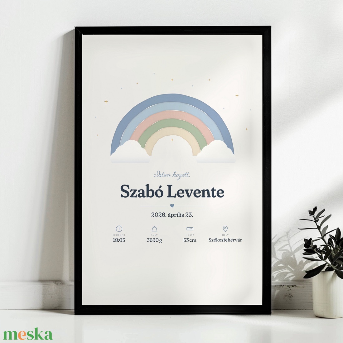 Szivárványos babaposzter névvel és születési adatokkal � személyre szabott, 40�30 cm - baba - mama - babaszoba dekoráció - babaposzter - Meska.hu