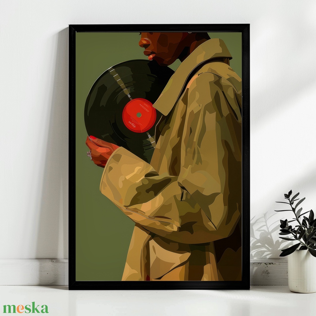 Vinyl Vibes poszter � nő bakelitlemezzel, retro zenei falikép, olívazöld, 42�30 cm - otthon & életmód - dekoráció - kép & falikép - poszter - Meska.hu