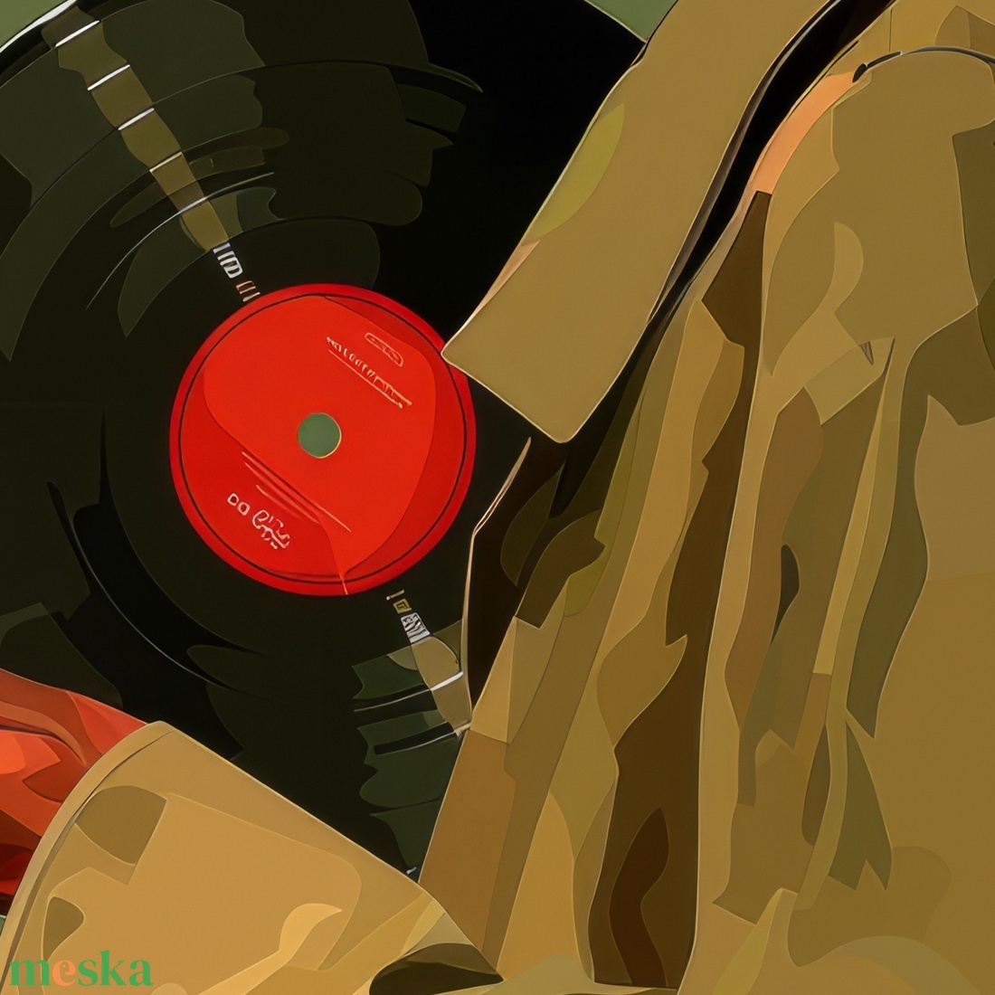Vinyl Vibes poszter � nő bakelitlemezzel, retro zenei falikép, olívazöld, 42�30 cm - otthon & életmód - dekoráció - kép & falikép - poszter - Meska.hu