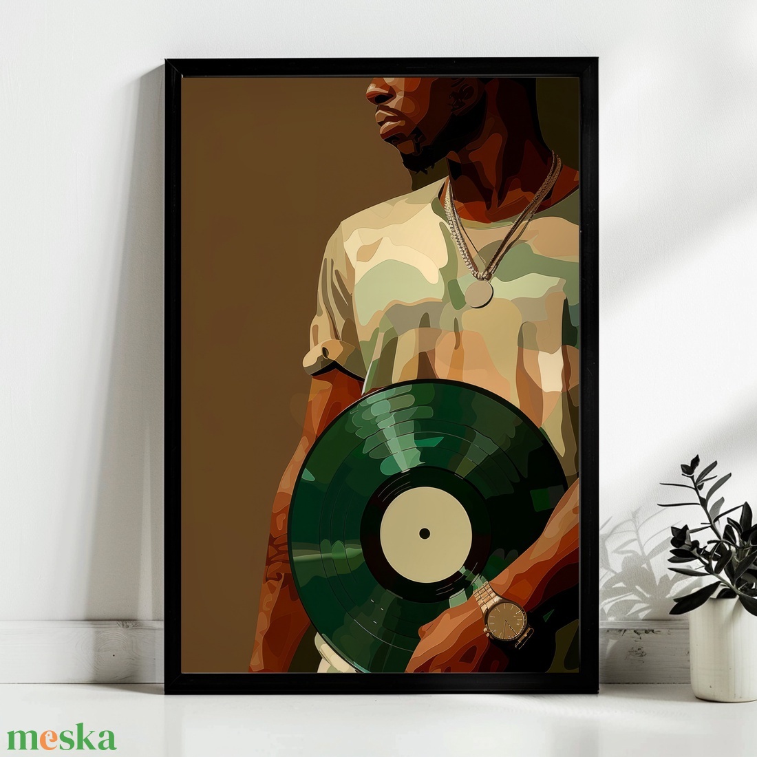 Vinyl Vibes poszter � férfi zöld bakelitlemezzel, retro zenei falikép, 42�30 cm - otthon & életmód - dekoráció - kép & falikép - poszter - Meska.hu