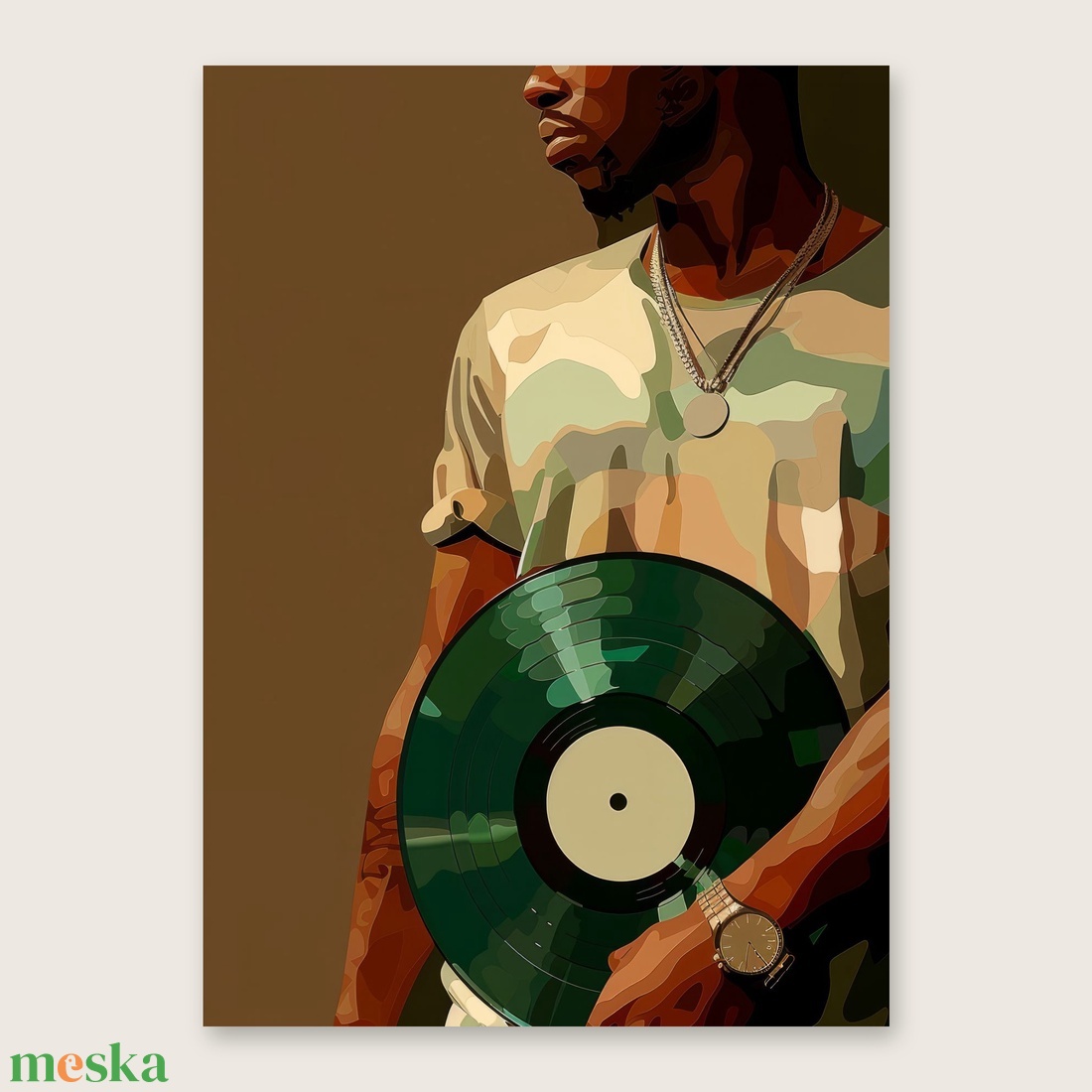 Vinyl Vibes poszter � férfi zöld bakelitlemezzel, retro zenei falikép, 42�30 cm - otthon & életmód - dekoráció - kép & falikép - poszter - Meska.hu