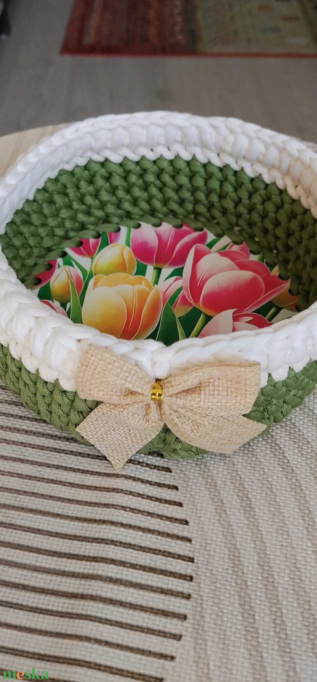 Horgolt kosár 15x15 cm - otthon & életmód - dekoráció - asztal és polc dekoráció - dekorációs tál, tartó - Meska.hu