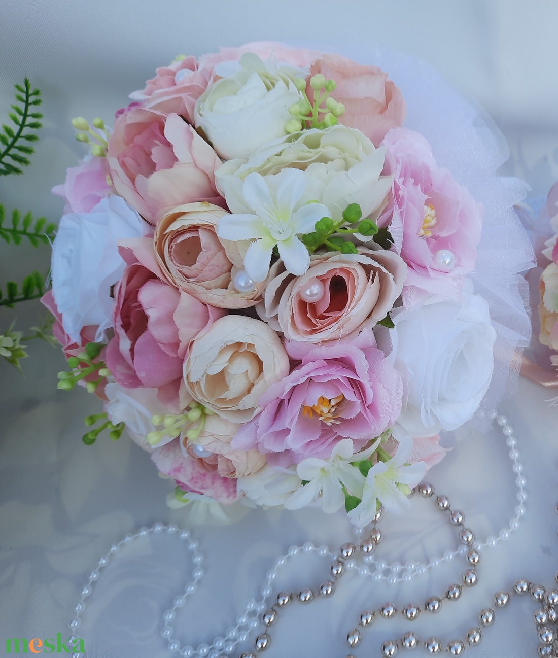 Örökcsokor selyemrózsákból rózsaszín, fehér, ekrü színű menyasszonyi  - esküvő - menyasszonyi- és dobócsokor - Meska.hu