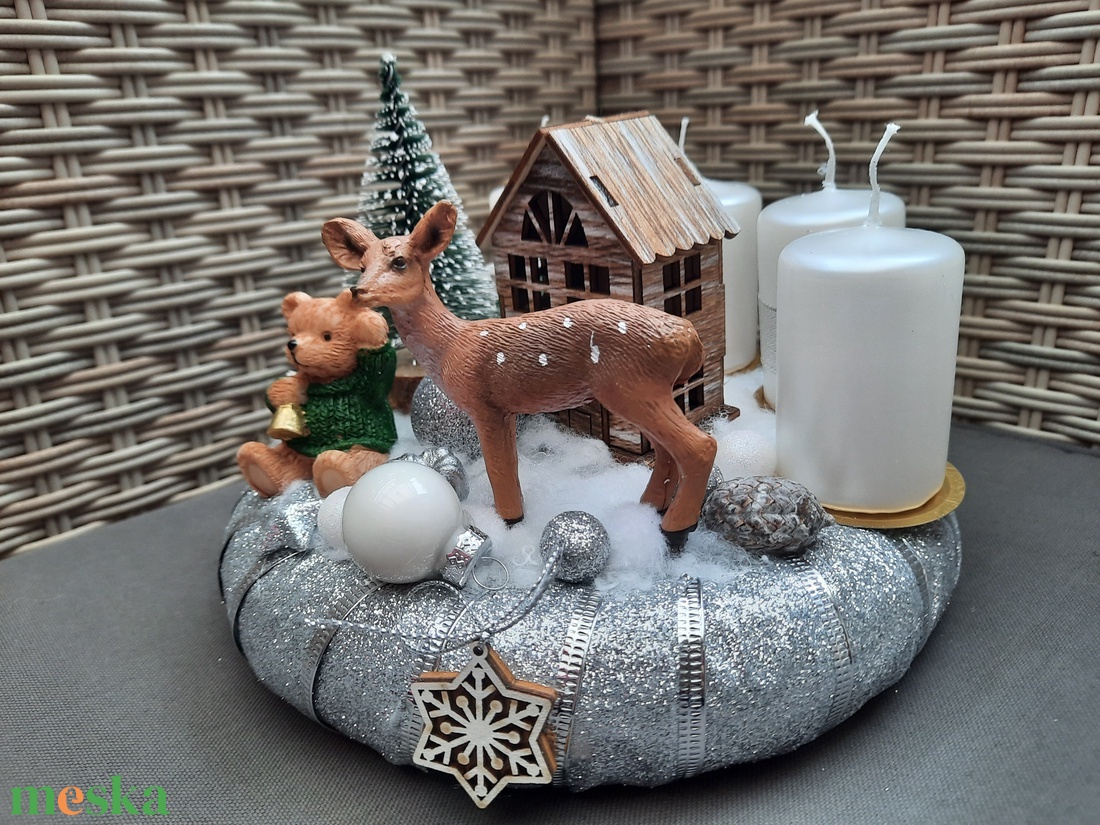 Macis,őzikés adventi koszorú ezüst,fehér színben  - karácsony - adventi díszek - adventi koszorú - Meska.hu