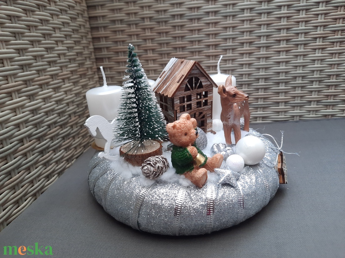 Macis,őzikés adventi koszorú ezüst,fehér színben  - karácsony - adventi díszek - adventi koszorú - Meska.hu