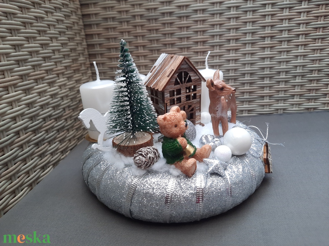 Macis,őzikés adventi koszorú ezüst,fehér színben  - karácsony - adventi díszek - adventi koszorú - Meska.hu