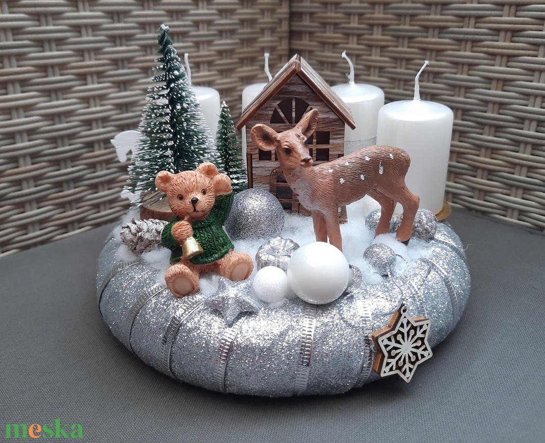 Macis,őzikés adventi koszorú ezüst,fehér színben  - karácsony - adventi díszek - adventi koszorú - Meska.hu