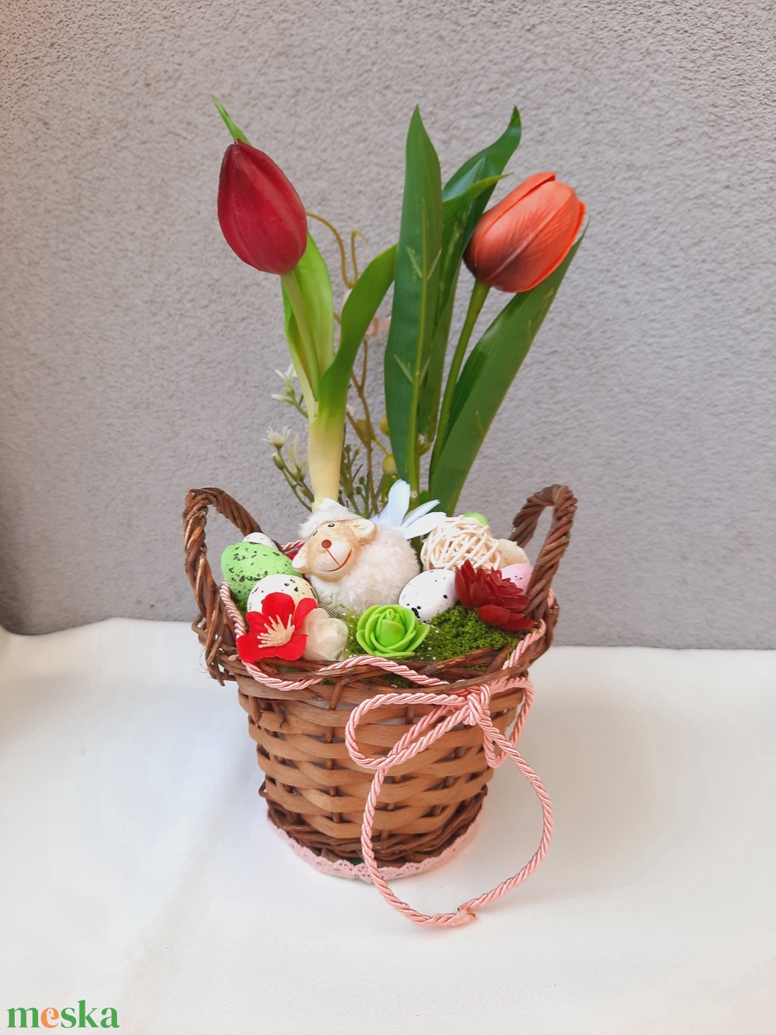 Tulipános húsvéti mini kosárkás asztaldísz  - otthon & életmód - dekoráció - asztal és polc dekoráció - asztaldísz - Meska.hu
