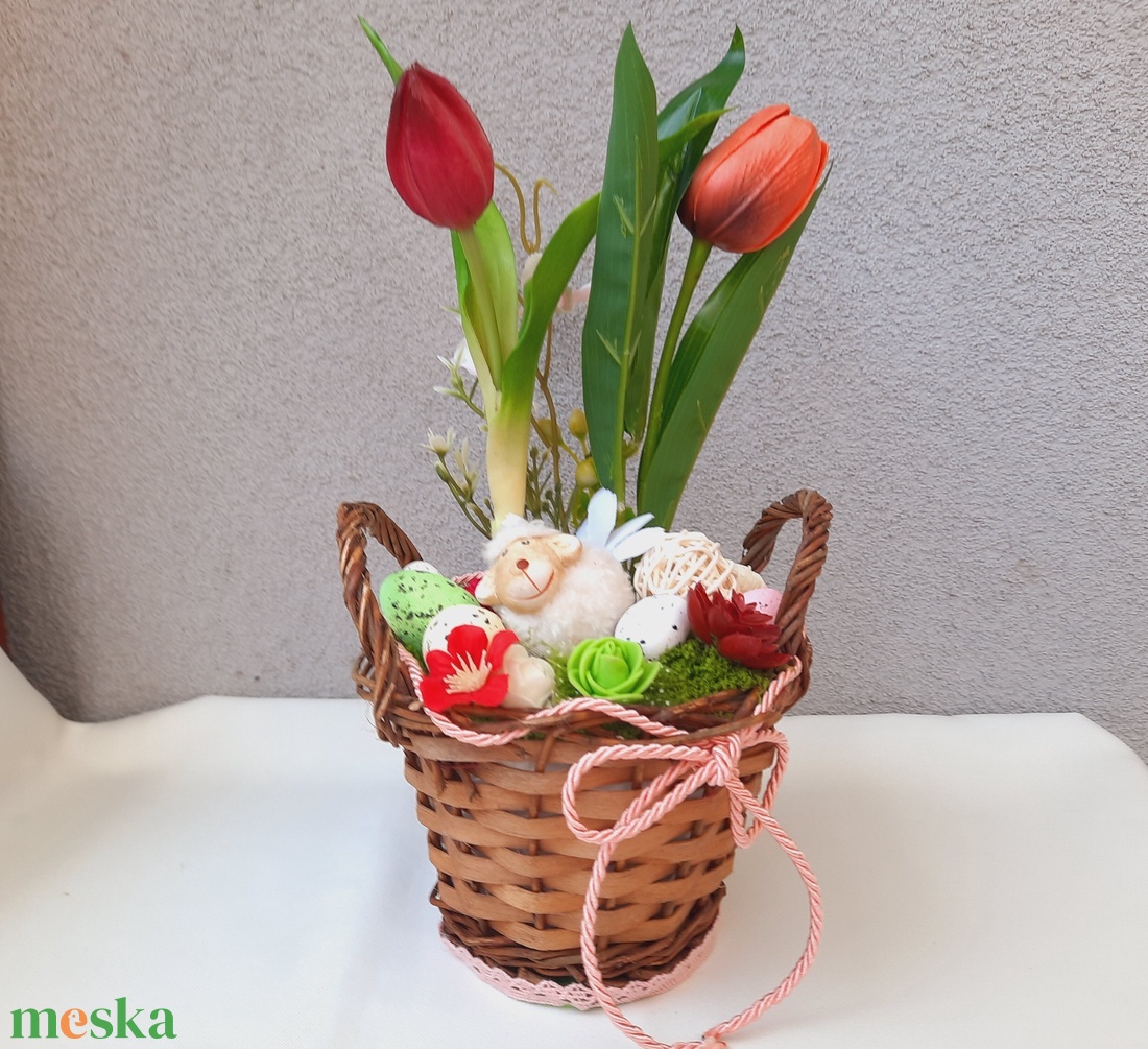 Tulipános húsvéti mini kosárkás asztaldísz  - otthon & életmód - dekoráció - asztal és polc dekoráció - asztaldísz - Meska.hu