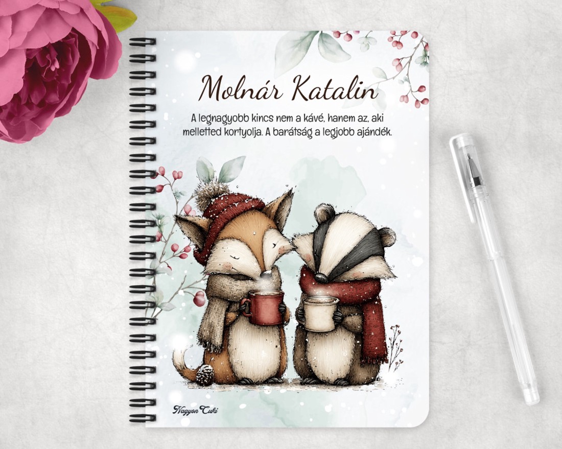 Személyre szabható - Cuki téli róka és borz mintás A6-os füzet - otthon & életmód - papír, írószer - jegyzetfüzet & napló - Meska.hu
