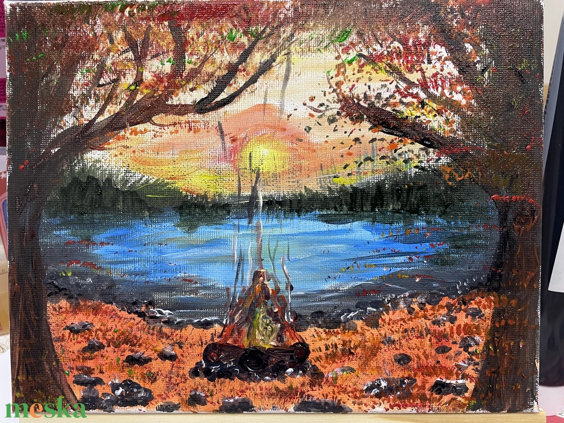 Őszi tájkép tábortűzzel, naplementében - művészet - festmény - akril - Meska.hu Őszi tájkép tábortűzzel, naplementében - művészet - festmény - akril - Meska.hu