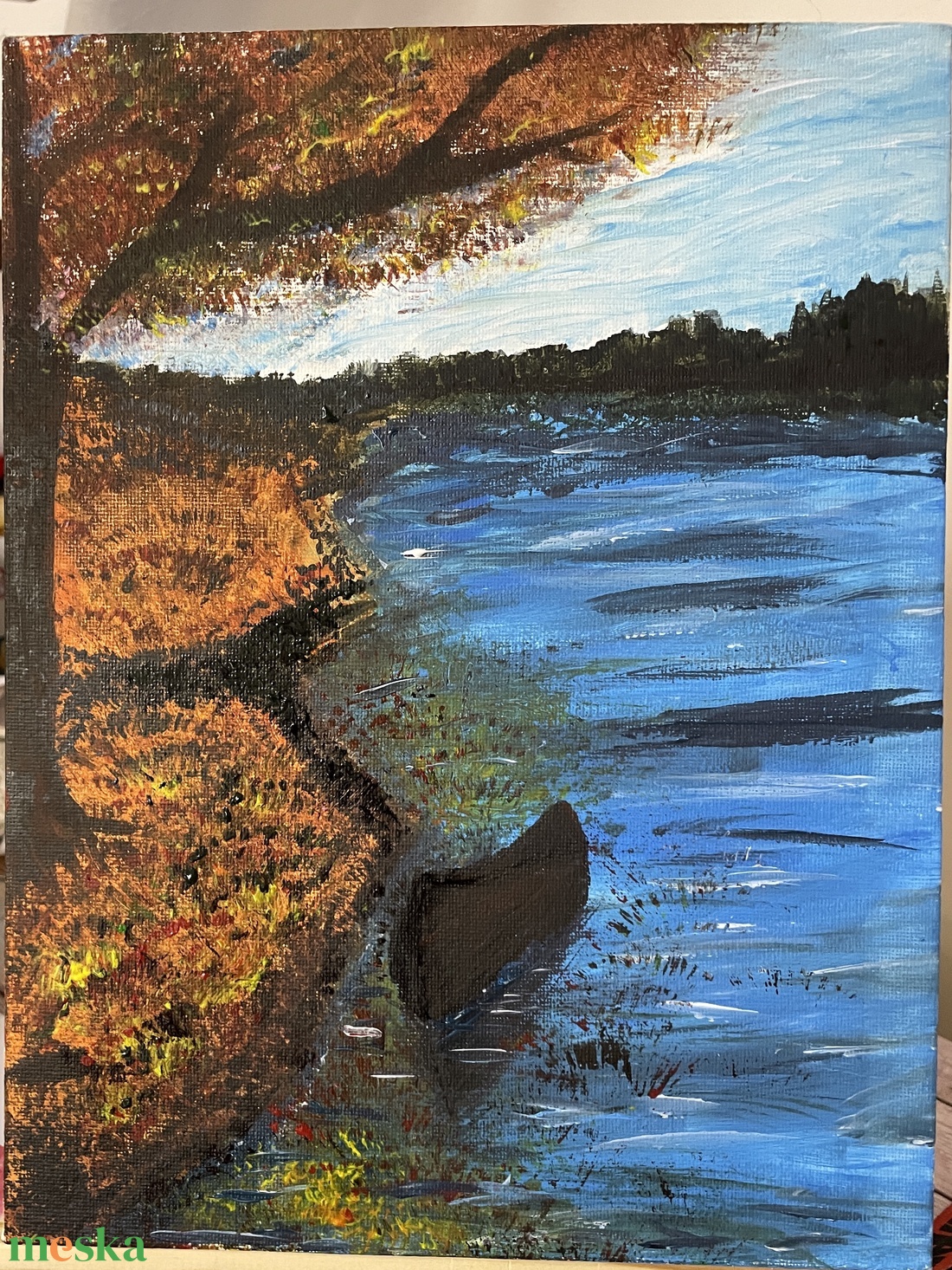 Őszi tópart csónakkal - művészet - festmény - akril - Meska.hu Őszi tópart csónakkal - művészet - festmény - akril - Meska.hu