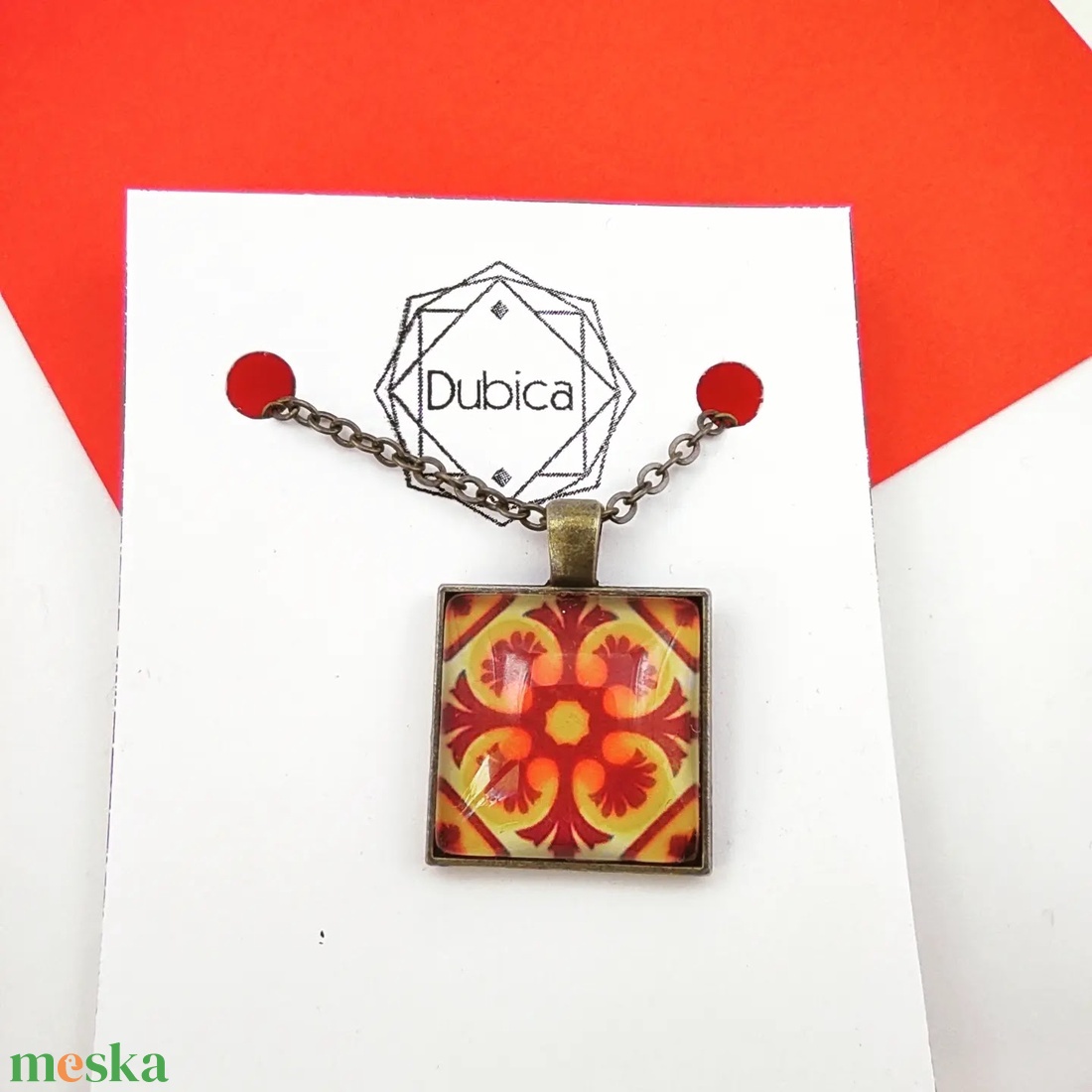 Portugál csempe mintás üveglencsés nyaklánc  - ékszer - nyaklánc - medál - Meska.hu