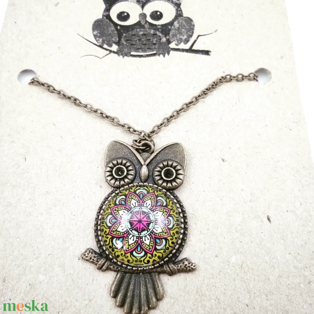 Baglyas üveglencsés nyaklánc  - ékszer - nyaklánc - medálos nyaklánc - Meska.hu