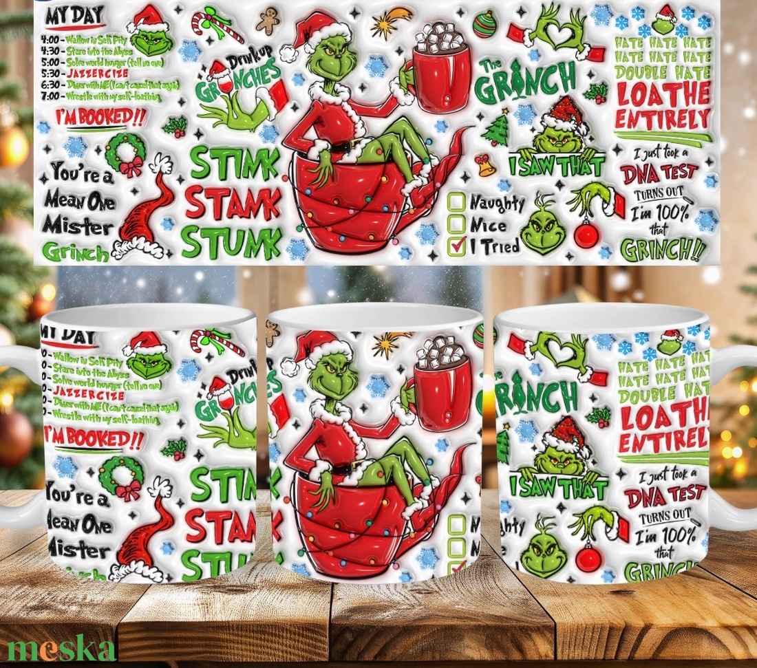 Grinch karácsonyi bögre 3d hatású - otthon & életmód - konyhafelszerelés, tálalás - tálalás - bögre & csésze - Meska.hu