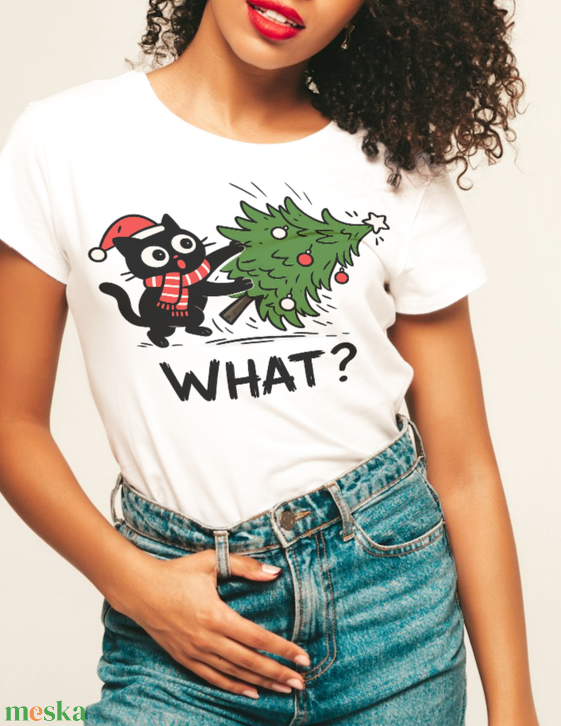 Cicás karácsonyi fehér póló női - ruha & divat - női ruha - póló, felső - Meska.hu