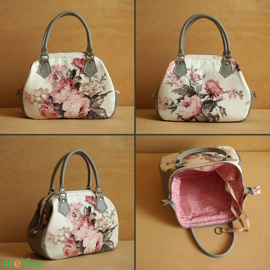 Rózsás szürke nőcis táska - táska & tok - kézitáska & válltáska - kézitáska - Meska.hu