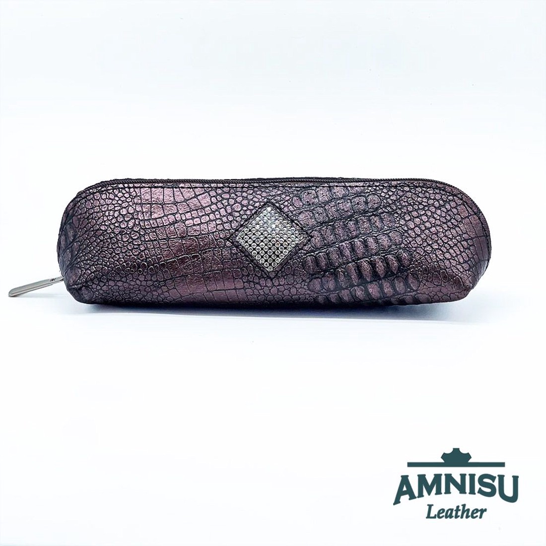 Metál barna krokkómintás rombusz swarovski köves bőr neszeszer / tolltartó K4029 - táska & tok - neszesszer - Meska.hu