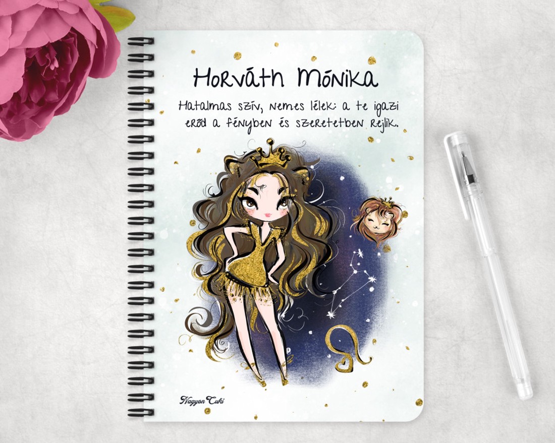 Személyre szabható - Barna hajú Csini Oroszlán lány mintás A5-ös füzet - otthon & életmód - papír, írószer - jegyzetfüzet & napló - Meska.hu