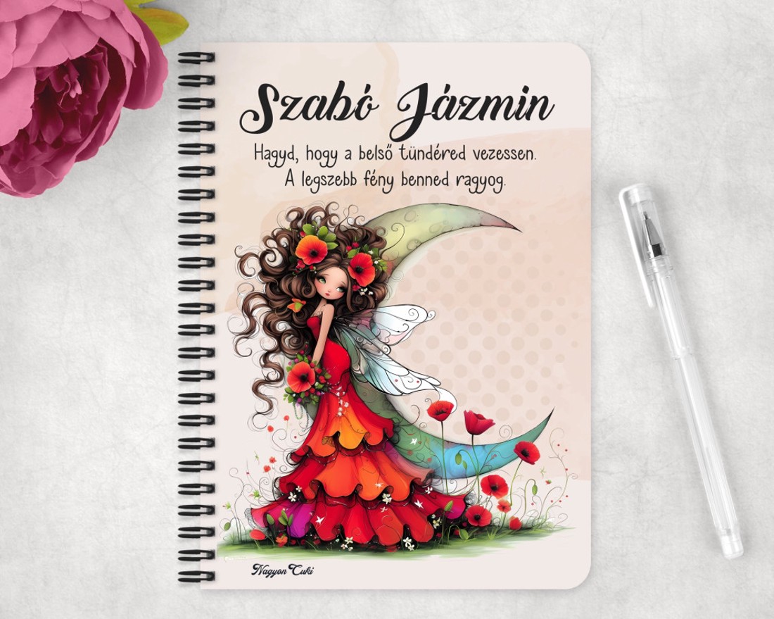 Személyre szabható - Gyönyörű pipacs tündérlány és a hold mintás A6-os füzet - otthon & életmód - papír, írószer - jegyzetfüzet & napló - Meska.hu