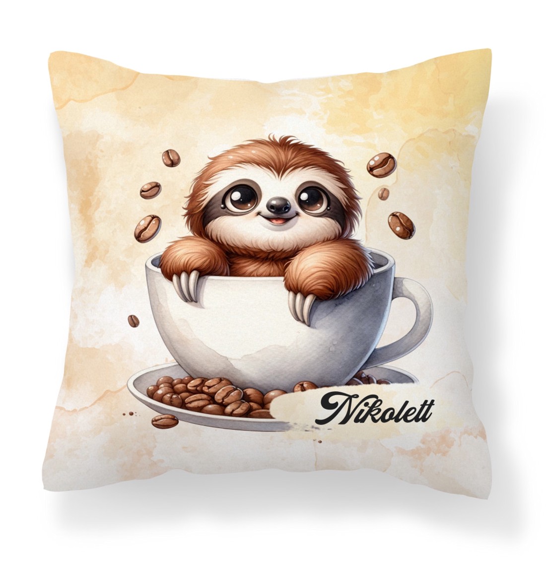 Névvel kérhető - Mosolygós Kávés lajhár mintás párna - otthon & életmód - lakástextil - párna & párnahuzat - díszpárna (belsővel együtt) - Meska.hu