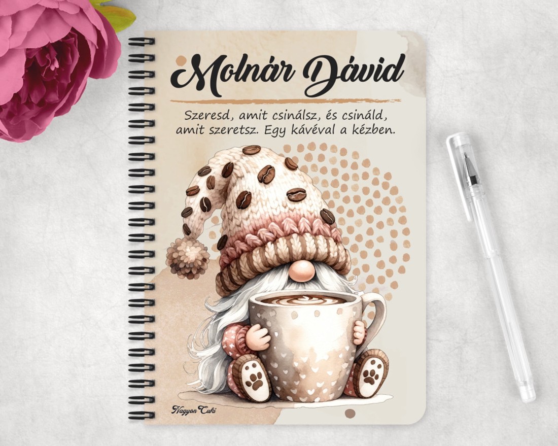 Személyre szabható - Nagy bögrés kávés manó mintás A6-os füzet - otthon & életmód - papír, írószer - jegyzetfüzet & napló - Meska.hu