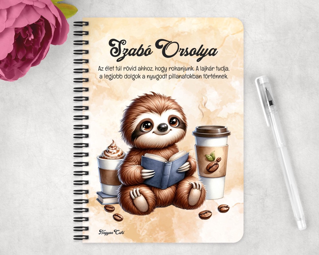 Személyre szabható - Kávés lajhár és egy jó regény mintás A5-ös füzet - otthon & életmód - papír, írószer - jegyzetfüzet & napló - Meska.hu