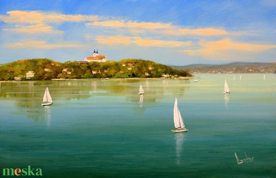 Lantos György: Vitorlások Tihanynál 20x30 cm - művészet - festmény - olajfestmény - Meska.hu