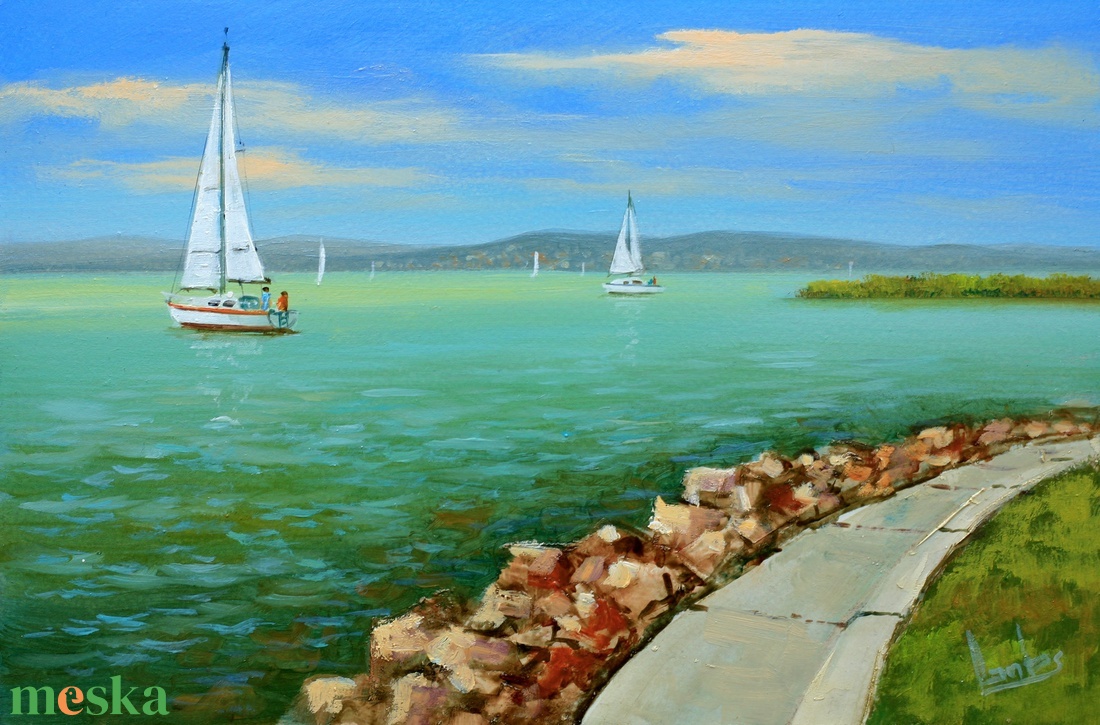 Lantos György: Vitorlások a Balatonnál   - művészet - festmény - olajfestmény - Meska.hu