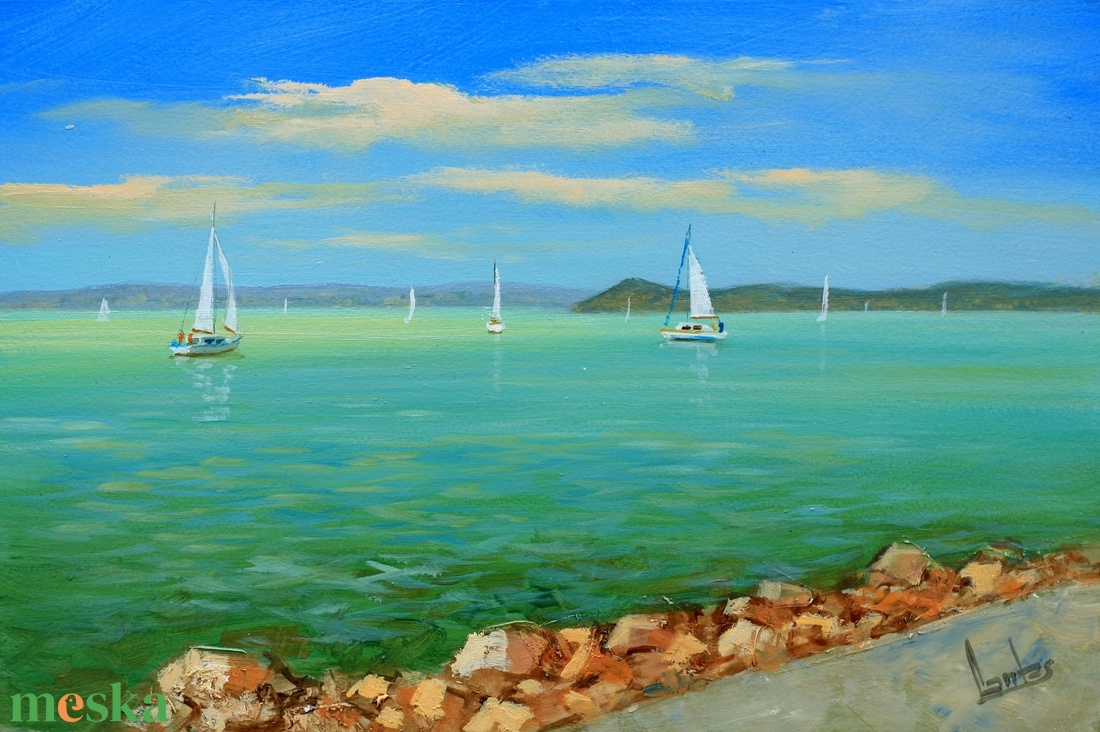 Lantos György: Vitorlások Balatonföldvárnál   - művészet - festmény - olajfestmény - Meska.hu