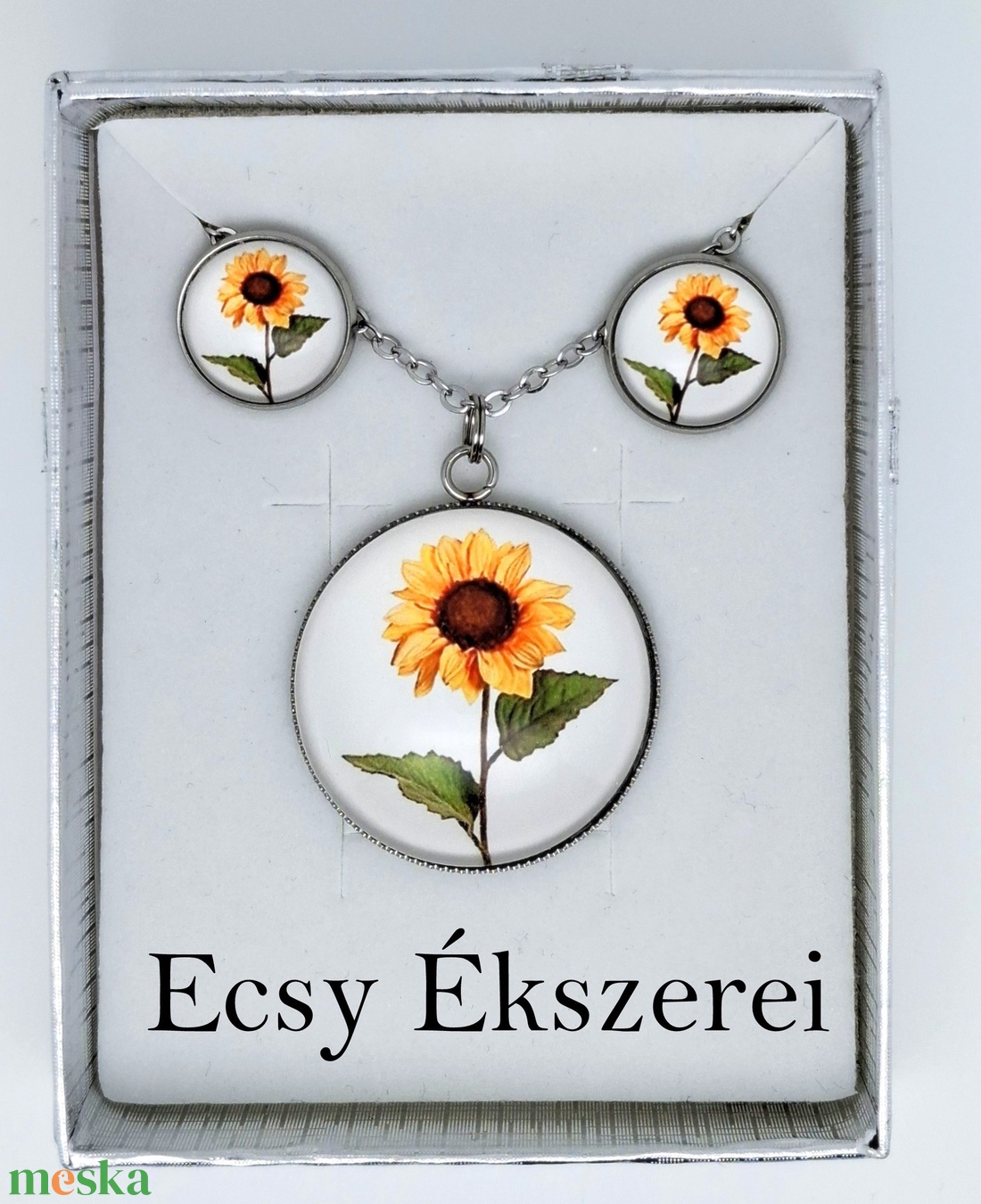 Napraforgós üveglencsés lánc és fülbevaló - ékszer - ékszerszett - Meska.hu
