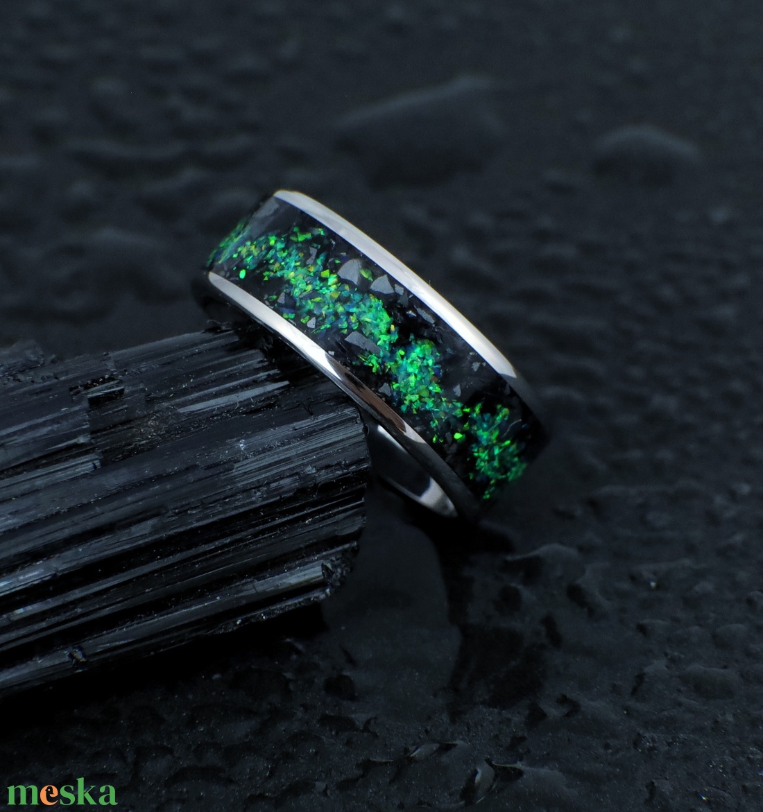 Nemesacél Gyűrű Turmalin, Hematit Ásványokkal És Zöld Opállal. Vízálló, Karcálló, Anti-Allergén, Egyedi Megrendelésre! - esküvő - ékszer - karikagyűrű - Meska.hu