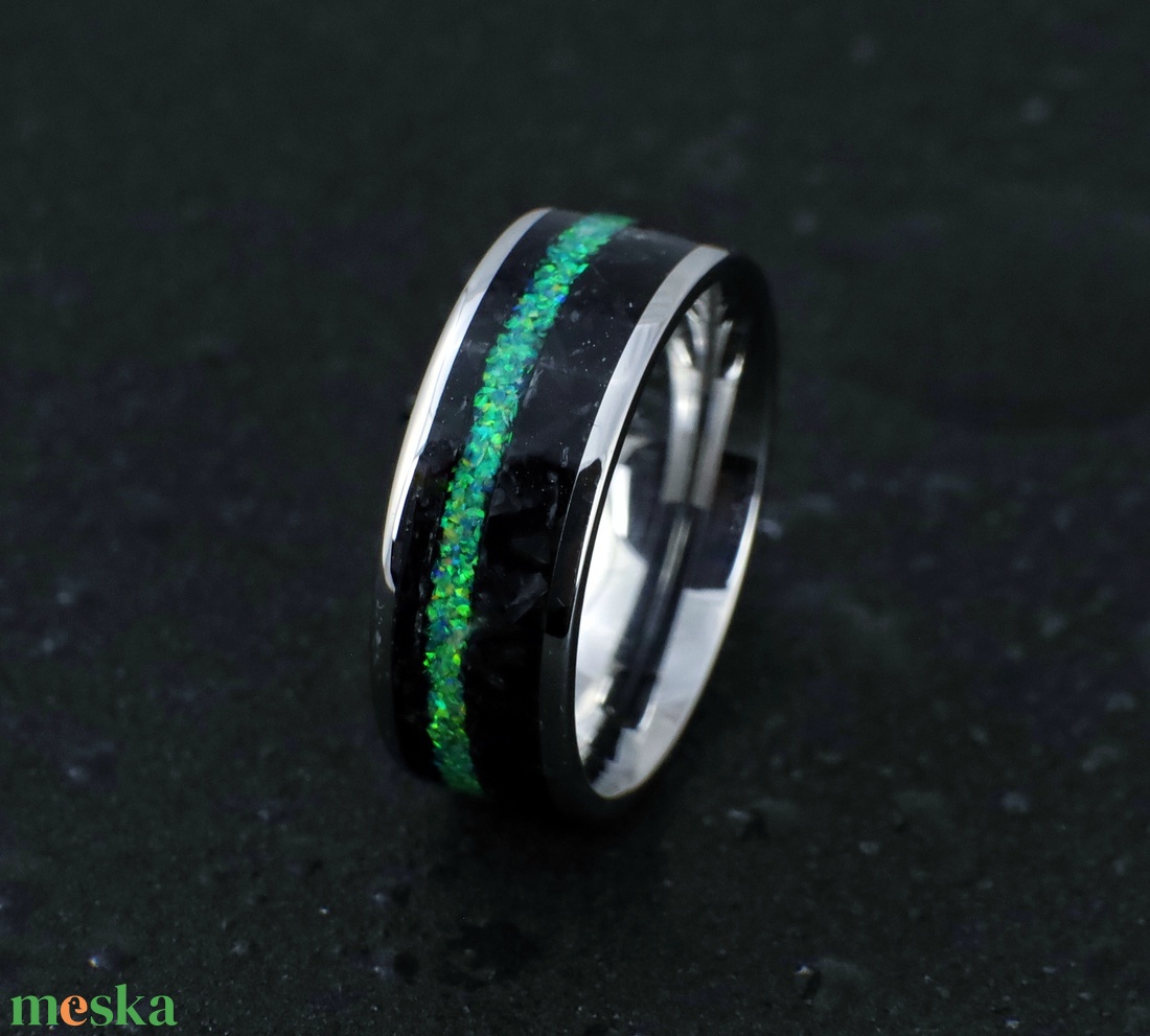 Nemesacél Gyűrű Obszidián Ásvánnyal És Zöld Opállal. Vízálló, Karcálló, Anti-Allergén, Egyedi Megrendelésre! - ékszer - gyűrű - kerek gyűrű - Meska.hu