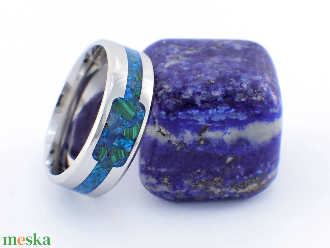 Nemesacél Gyűrű Malachite, Kék Achát Ásványokkal És Kék Opállal. Vízálló, Karcálló, Anti-Allergén, Egyedi Megrendelésre! - ékszer - gyűrű - kerek gyűrű - Meska.hu