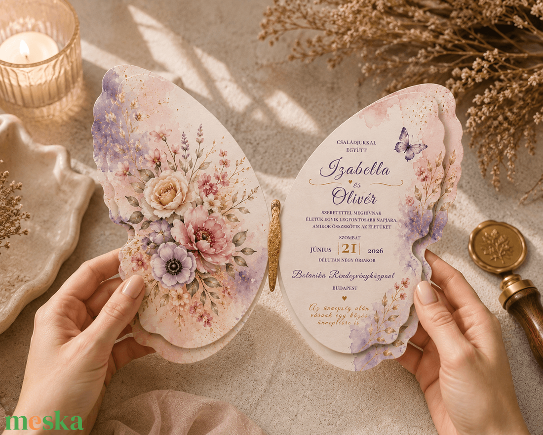 Rétegezett 3D Pillangó Alakú Kézműves Esküvői Meghívó-Pastel Dream - esküvő - meghívó & kártya - meghívó - Meska.hu