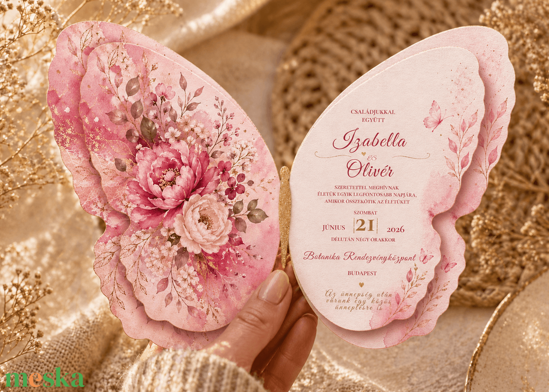 Rétegezett 3D Pillangó Alakú Kézműves Esküvői Meghívó-Pink Lover - esküvő - meghívó & kártya - meghívó - Meska.hu