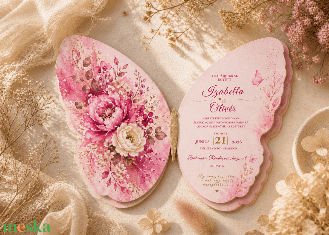 Rétegezett 3D Pillangó Alakú Kézműves Esküvői Meghívó-Pink Lover - esküvő - meghívó & kártya - meghívó - Meska.hu