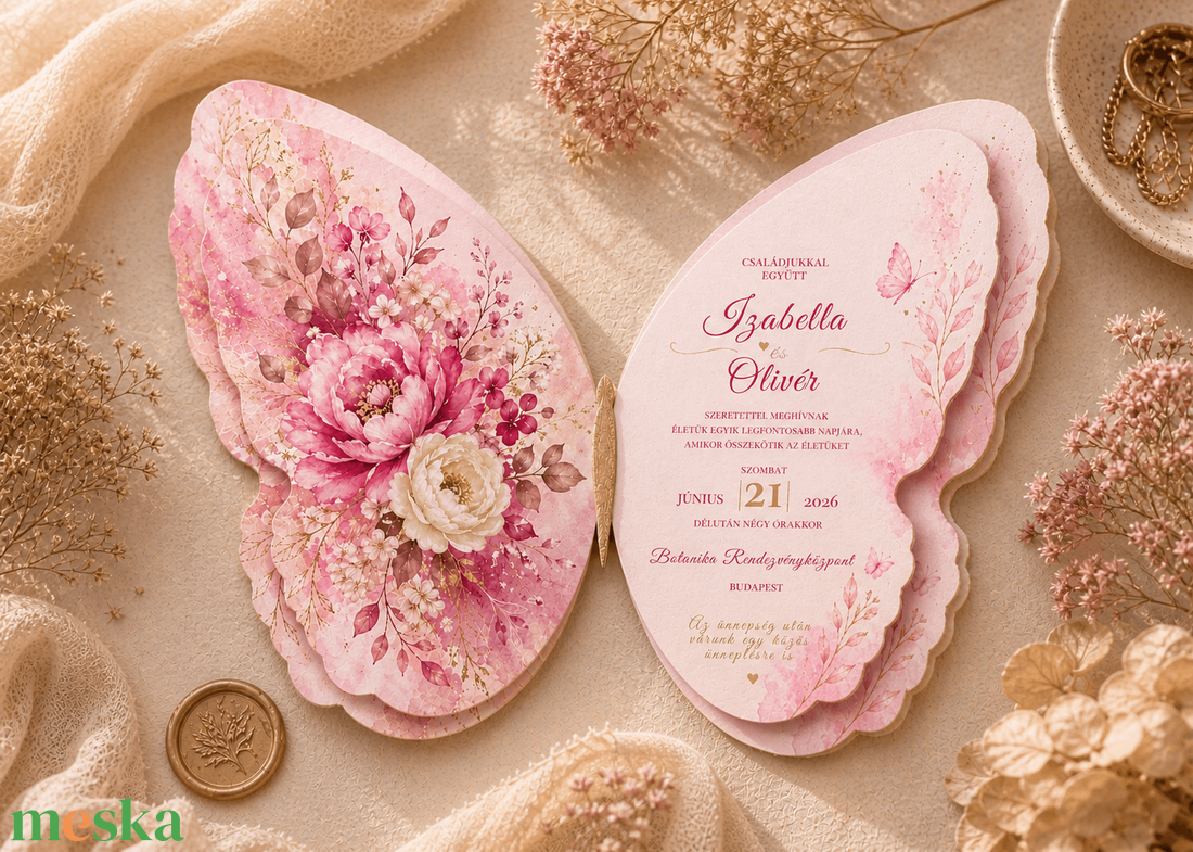 Rétegezett 3D Pillangó Alakú Kézműves Esküvői Meghívó-Pink Lover - esküvő - meghívó & kártya - meghívó - Meska.hu