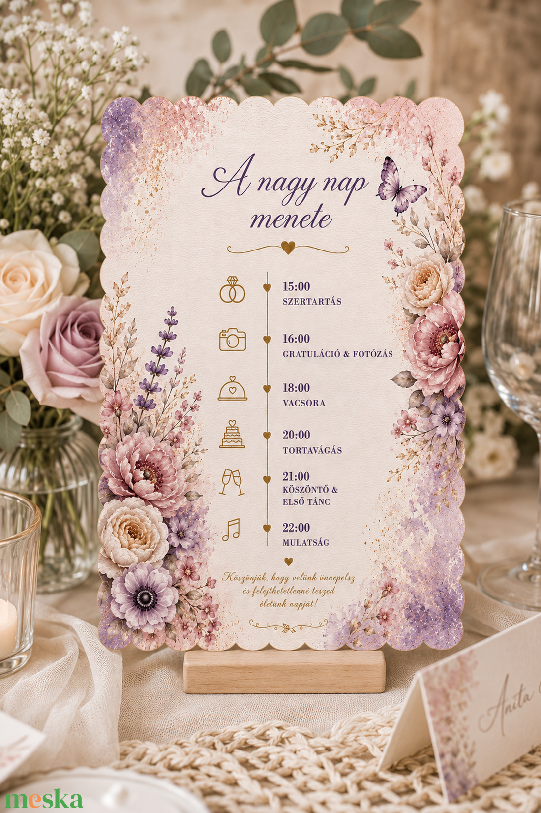 Virágos Esküvői  A Nagy Nap Menete kártya - esküvő - dekoráció - tábla & jelzés - Meska.hu