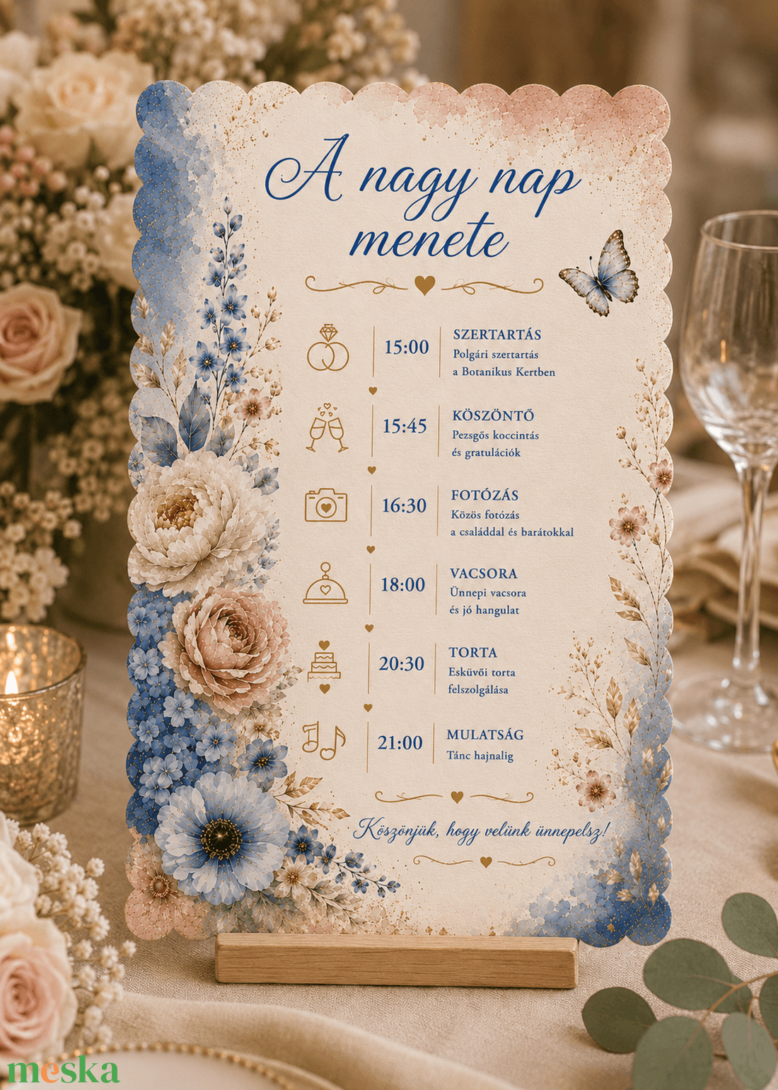 Kék Virágos  A Nagy Nap Menete Esküvői Kártya - esküvő - dekoráció - tábla & jelzés - Meska.hu