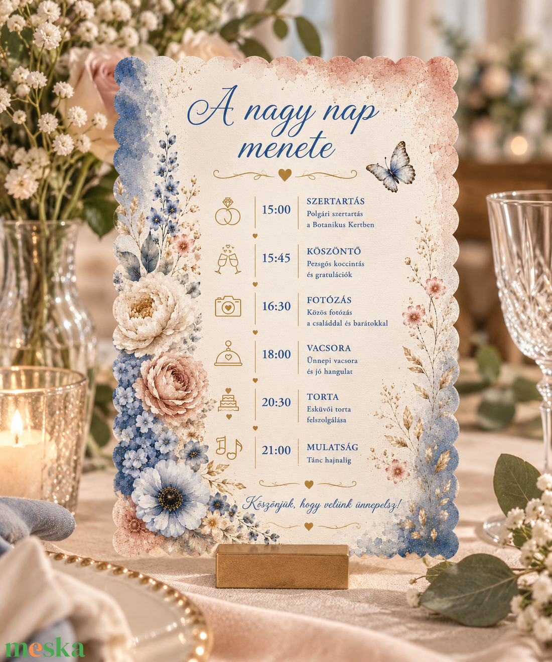 Kék Virágos  A Nagy Nap Menete Esküvői Kártya - esküvő - dekoráció - tábla & jelzés - Meska.hu