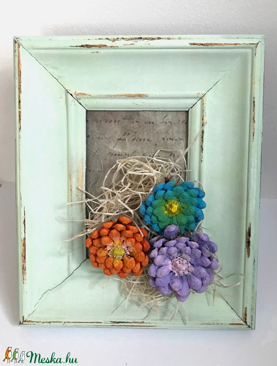Tavaszi képkeret - toboz dísz - színes hangulat - húsvéti dekoráció - fali vagy asztalra tehető - vintage - shabby chic  -  - Meska.hu