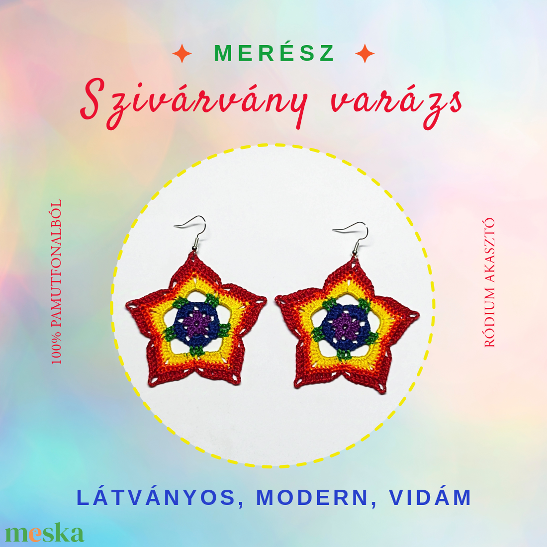 Szivárvány varázs horgolt fülbevaló - ékszer - fülbevaló - lógó fülbevaló - Meska.hu