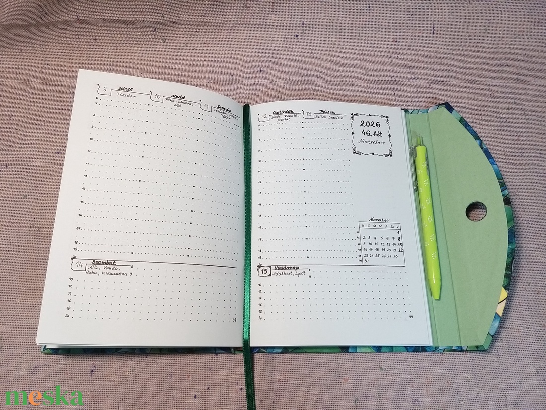 A/5 2026 Határidőnapló tollas, zöld-lék - otthon & életmód - papír, írószer - naptár & tervező - Meska.hu
