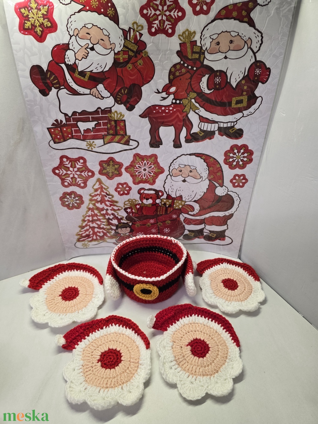 Horgolt mikulás poháralátét készlet - karácsony - mikulás - mikulás ajándékok - Meska.hu