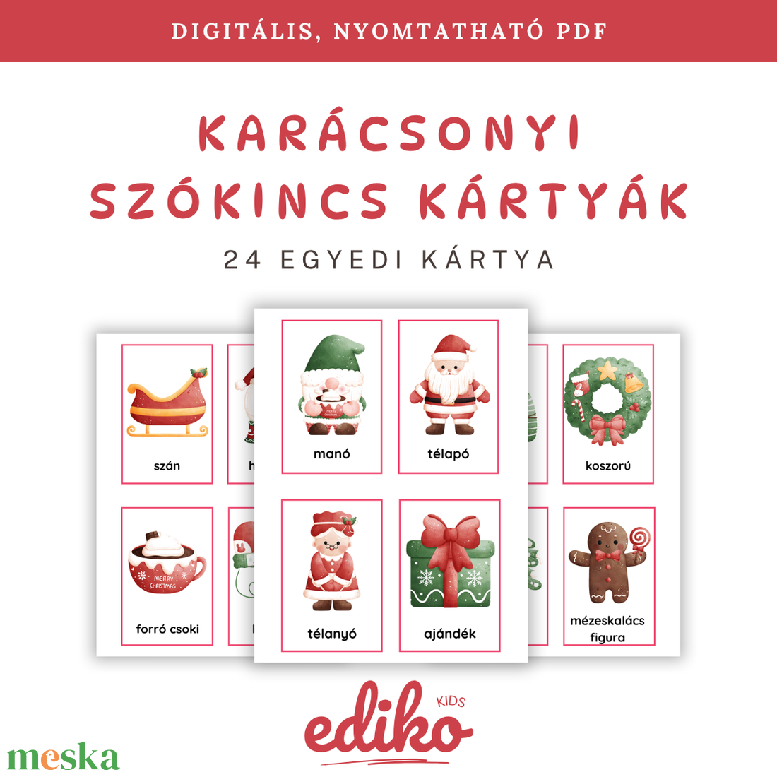 Karácsonyi szókincs kártyacsomag (nyomtatható PDF)  - játék & sport - készségfejlesztő és logikai játék - oktató játékok - Meska.hu