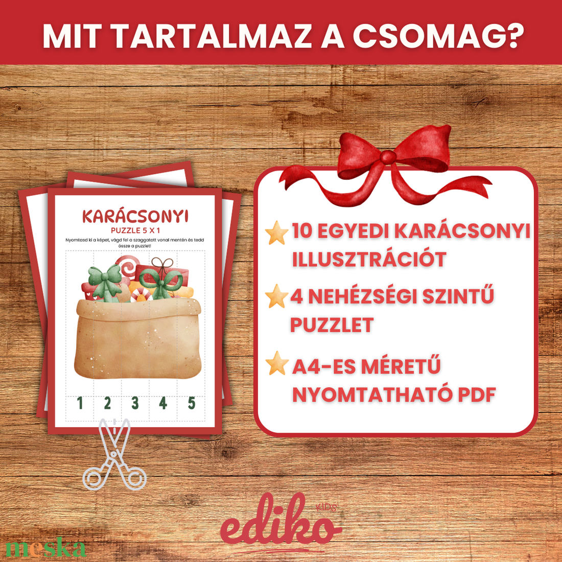 Karácsonyi kirakó gyerekeknek � Nyomtatható ünnepi logikai játékcsomag � 10 darab puzzle 4 nehézségi szinten (ovisoknak, - játék & sport - készségfejlesztő és logikai játék - logikai játékok - Meska.hu