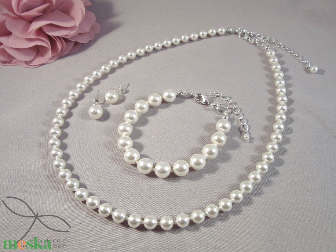 Egyszerű gyöngysor esküvőre Swarovski gyöngyből - esküvő - ékszer - ékszerszett - Meska.hu